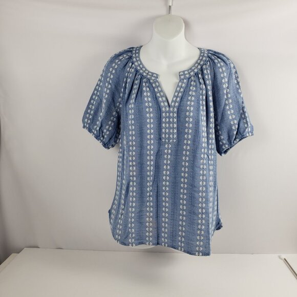 Loft XXS Blue White Embroidery Cotton Women Spring Blouse Top Short Sleeve - Picture 2 of 14